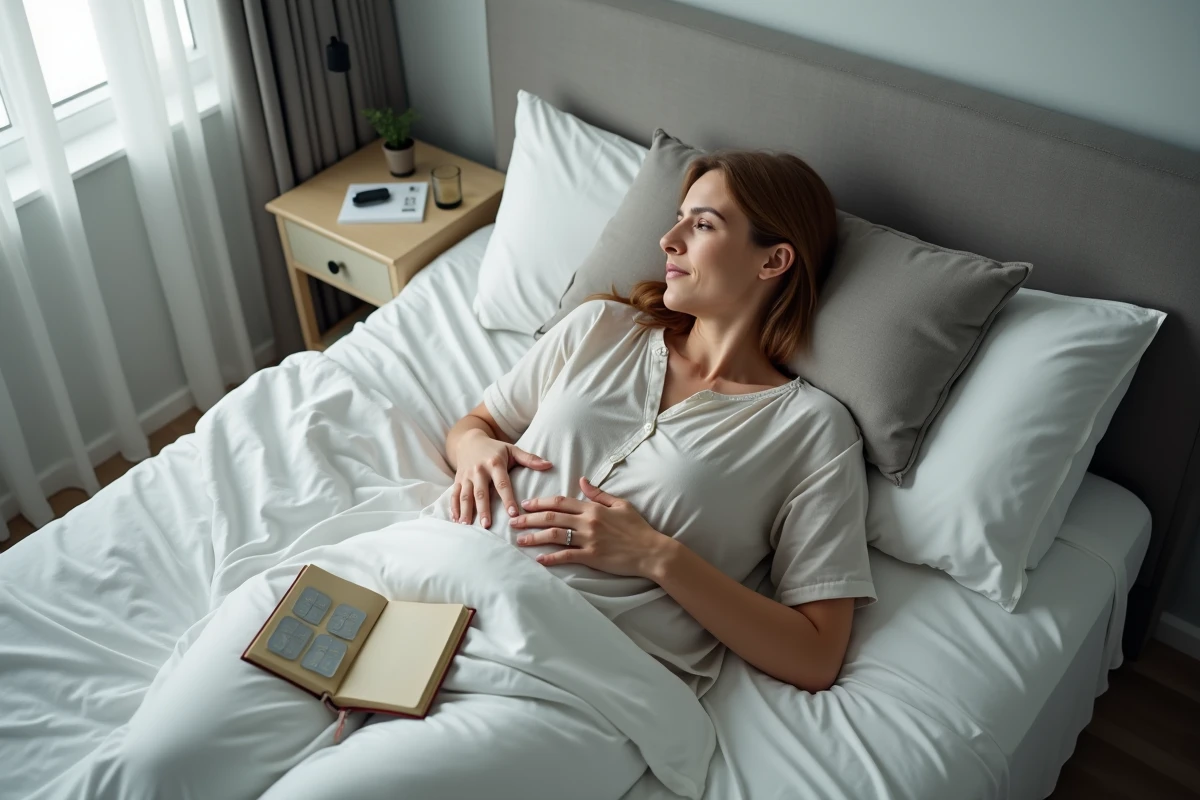 Femme allongée dans un lit de convalescence avec journal et médicaments, illustrant la récupération après une ablation de trompe