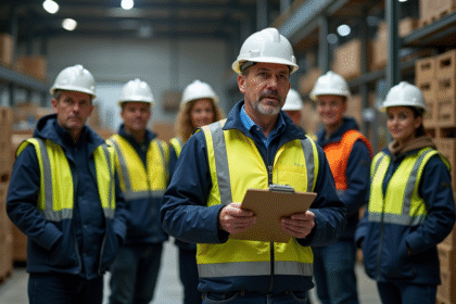 Manager de sécurité discutant avec équipe en milieu industriel