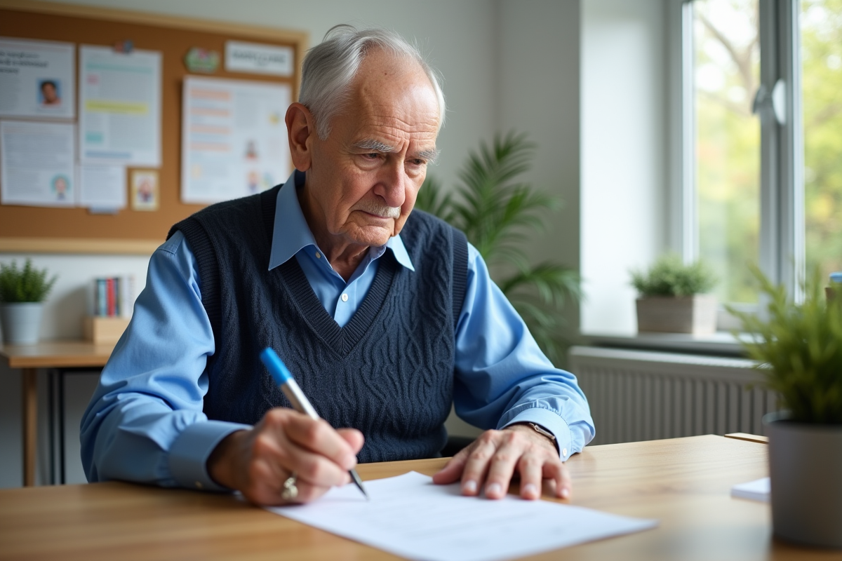 Homme âgé remplissant un formulaire dans un bureau lumineux