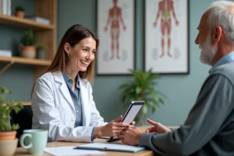 Rhumatologue expliquant un diagnostic à un patient senior