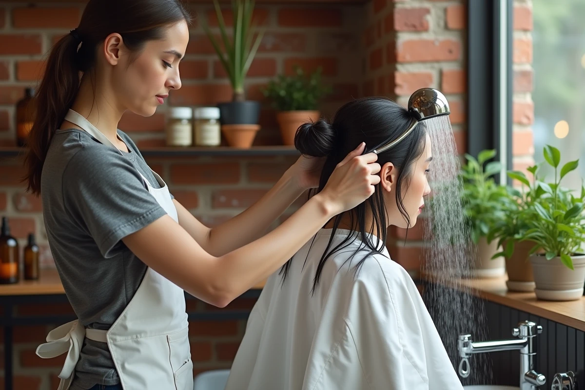 Coiffeuse rinçant soigneusement une coloration végétale au bac à shampoing dans un salon naturel avec minuterie