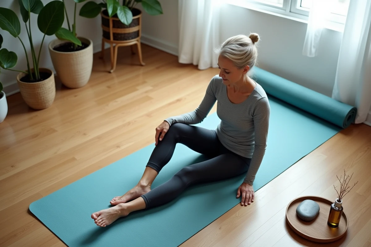 Femme allongée sur un tapis de yoga pratiquant une routine d'automassage des points réflexes du pied le soir à domicile