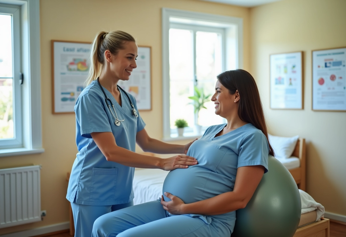 Sage-femme montrant des exercices pelviens à une femme enceinte