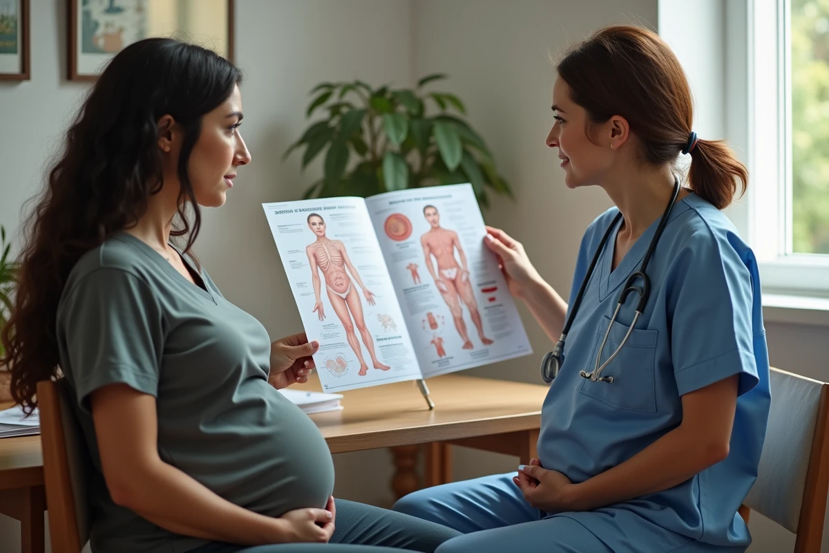 Sage-femme expliquant les signes du travail à une future maman