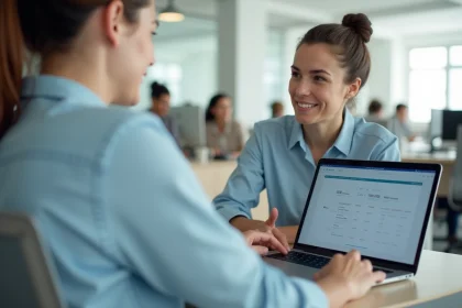Salariée consultant son portail RH Medisys sur un ordinateur portable dans un bureau moderne
