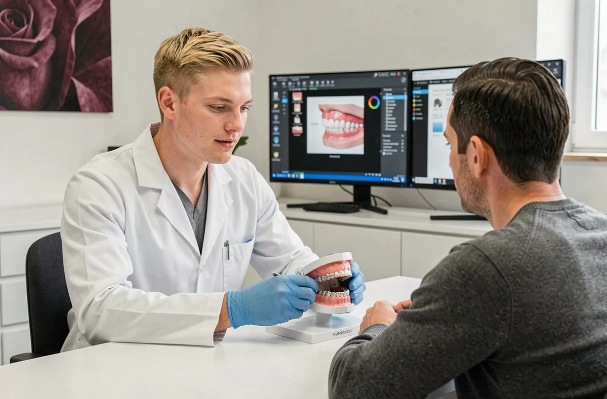 Samuel Bastin, orthodontiste à Dijon, en consultation avec un patient adulte devant un modèle dentaire 3D