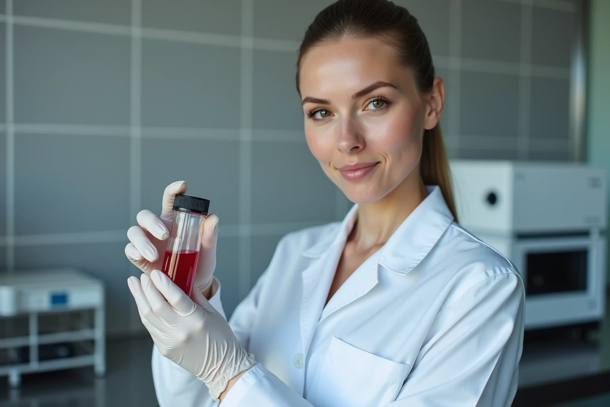 Scientifique tenant un tube de sang en laboratoire pour illustrer le volume sanguin selon l'âge