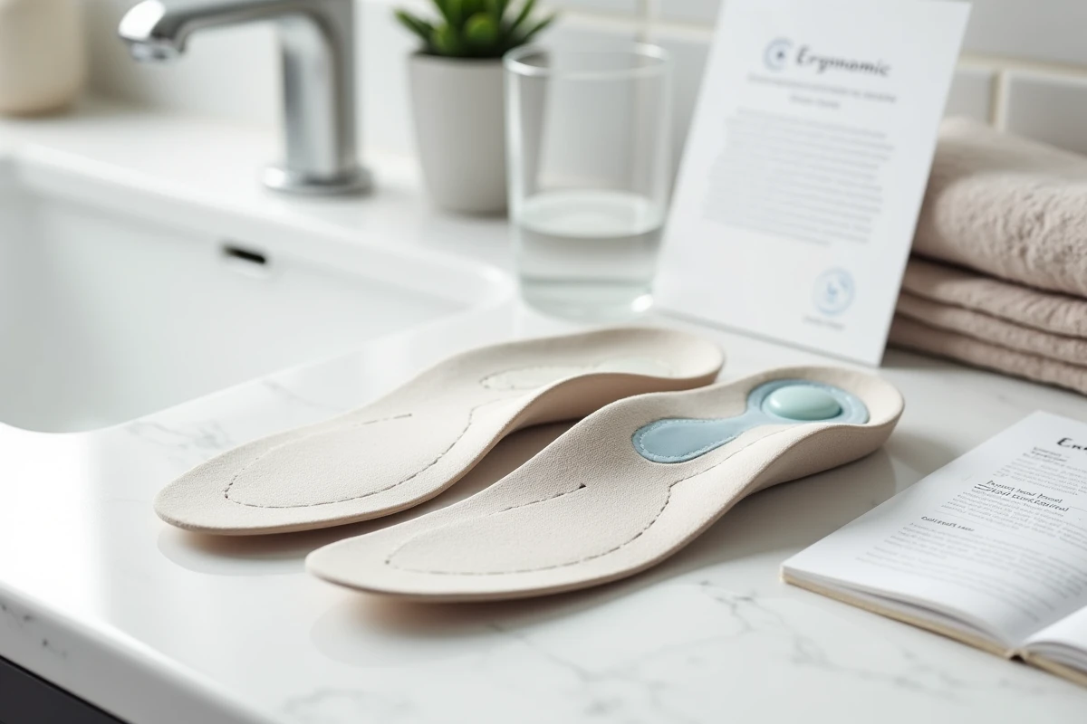 Semelles orthopédiques ergonomiques posées sur un plan de travail en marbre blanc, représentant la composition et les matériaux d'Akusoli