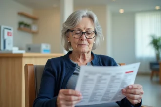 Senior femme consultant ses résultats d'analyse de sang dans une clinique médicale