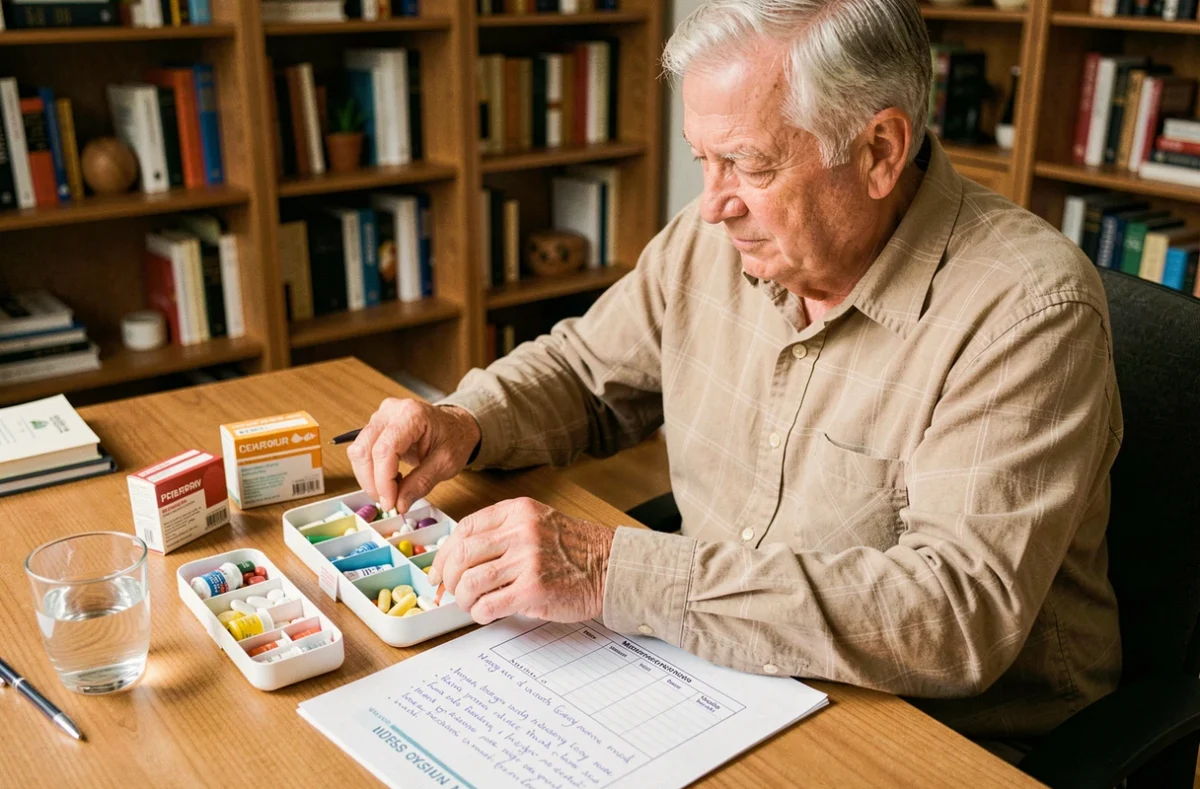 Homme âgé organisant ses médicaments hebdomadaires avec une liste de prise rédigée à la main