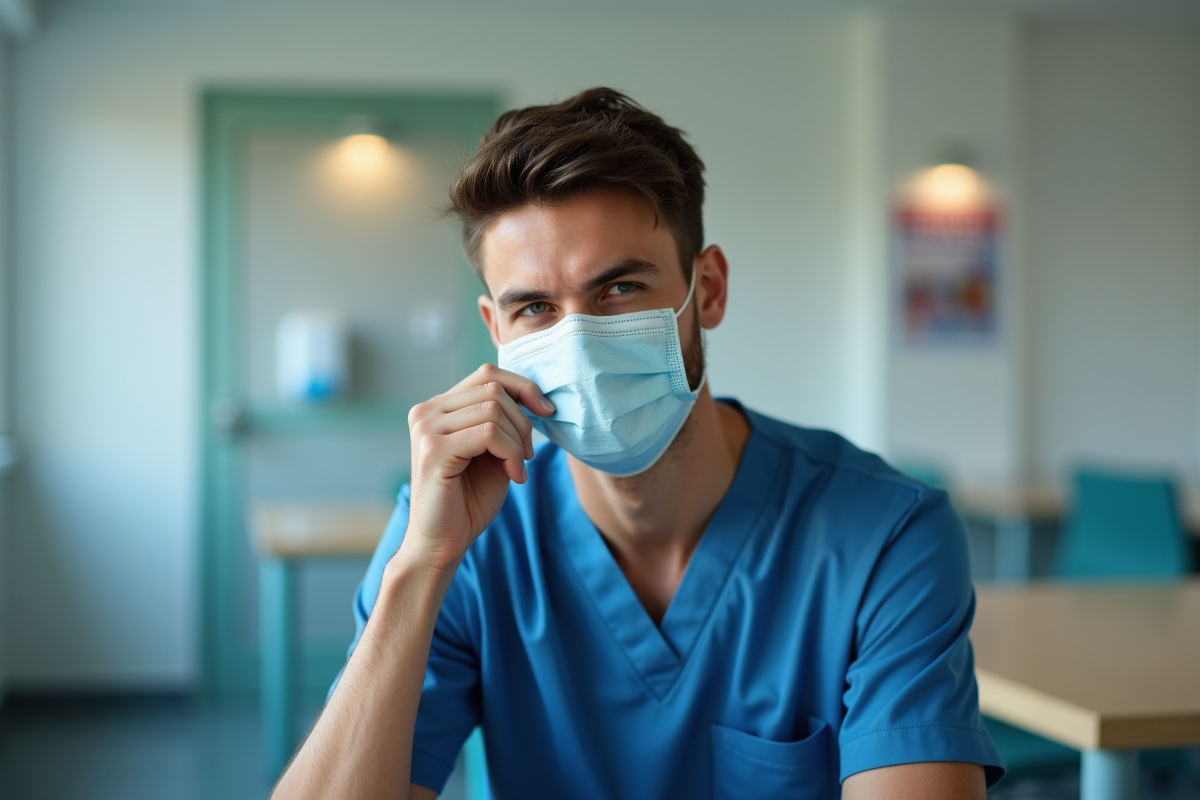 Jeune soignant ajustant son masque dans un espace hospitalier