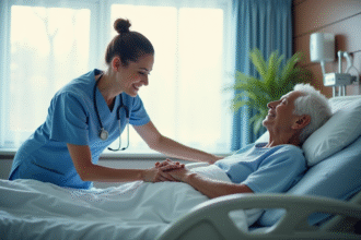 Infirmière compatissante tenant la main d'un patient âgé au lit