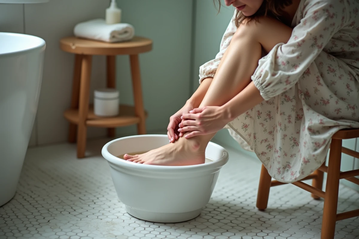 Femme soulageant sa cheville gonflée dans un bain d'eau froide à domicile en l'absence d'efficacité des médicaments
