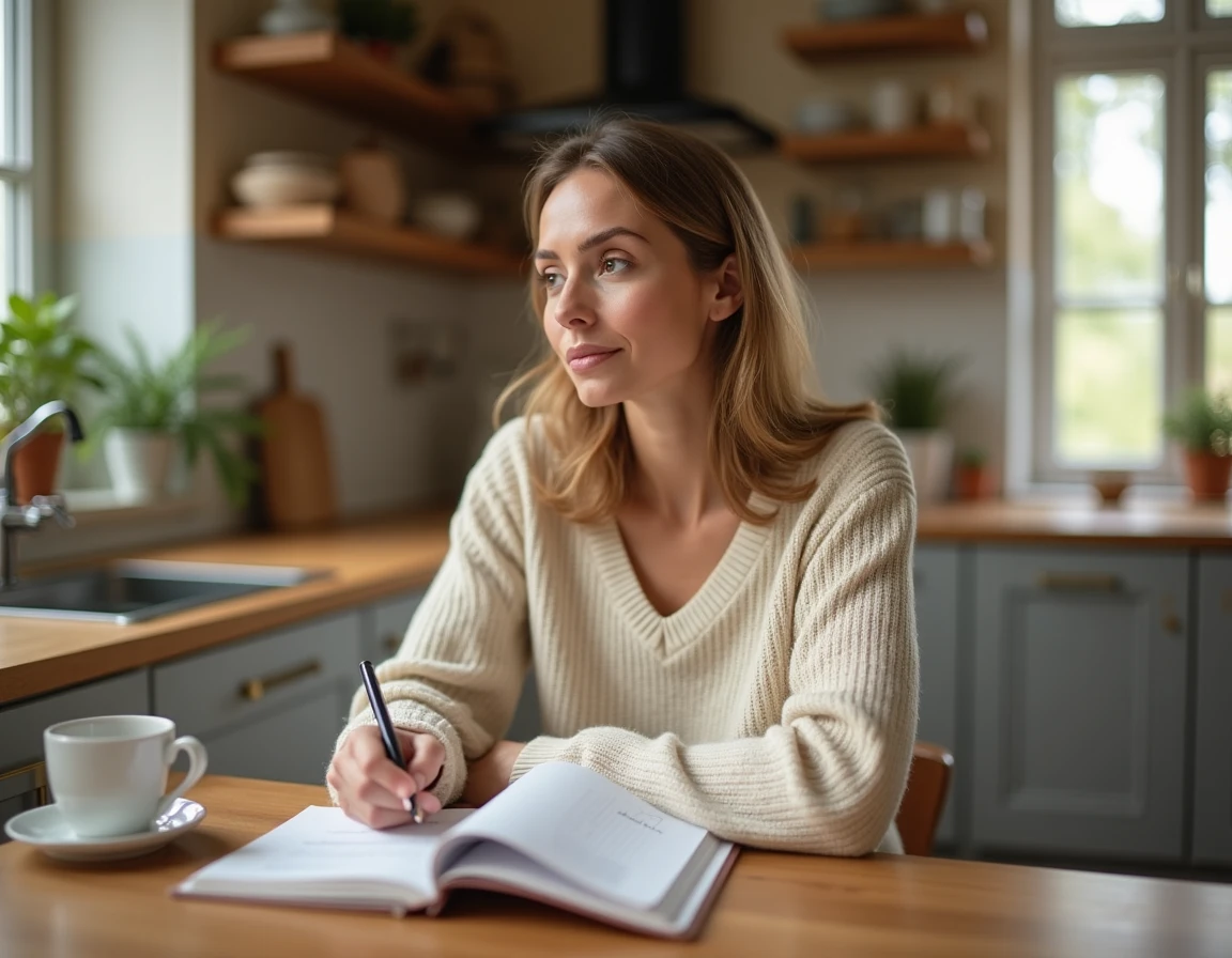 Femme notant ses cycles menstruels irréguliers dans un journal de santé féminine à la maison