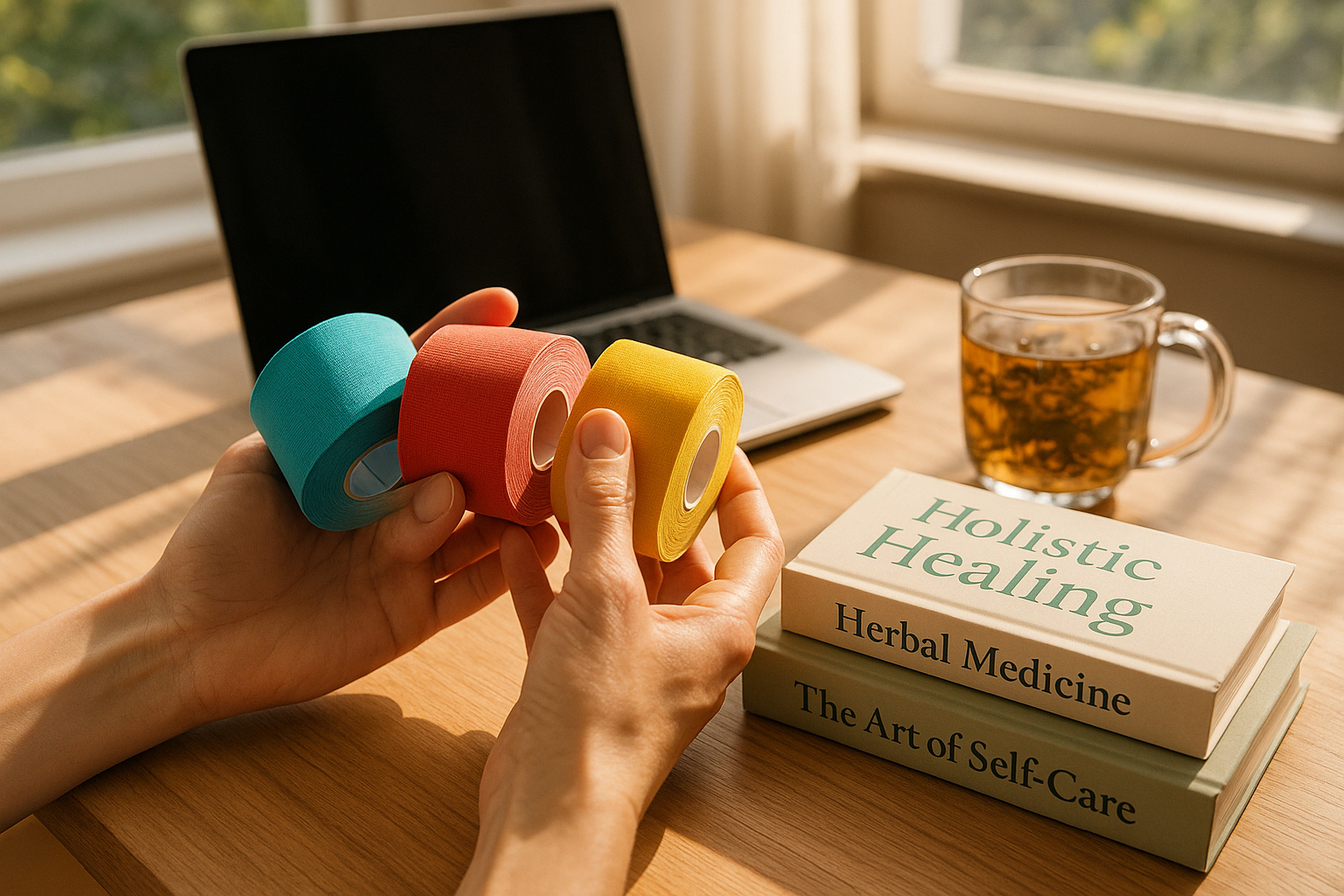 Mains tenant du kinesiology tape avec livres et tisane