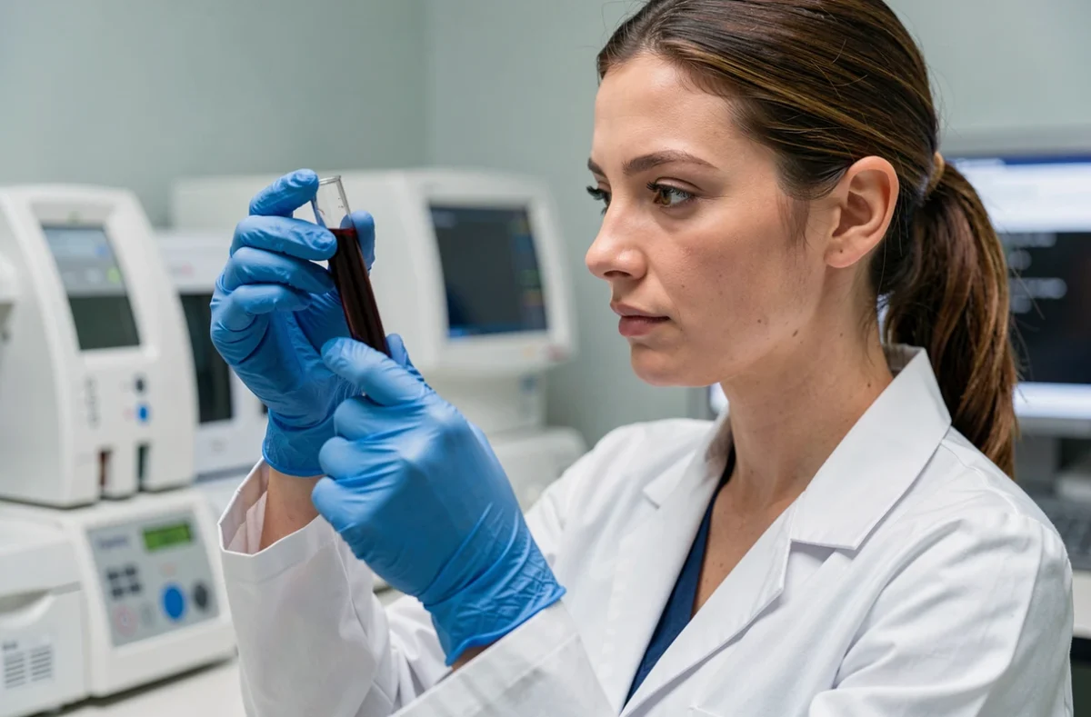 Technicienne de laboratoire analysant un tube de sang pour un hémogramme avec mesure TCMH