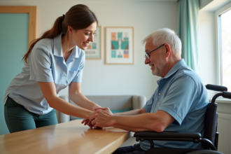 Jeune therapute aidant un senior lors d'exercices de mains