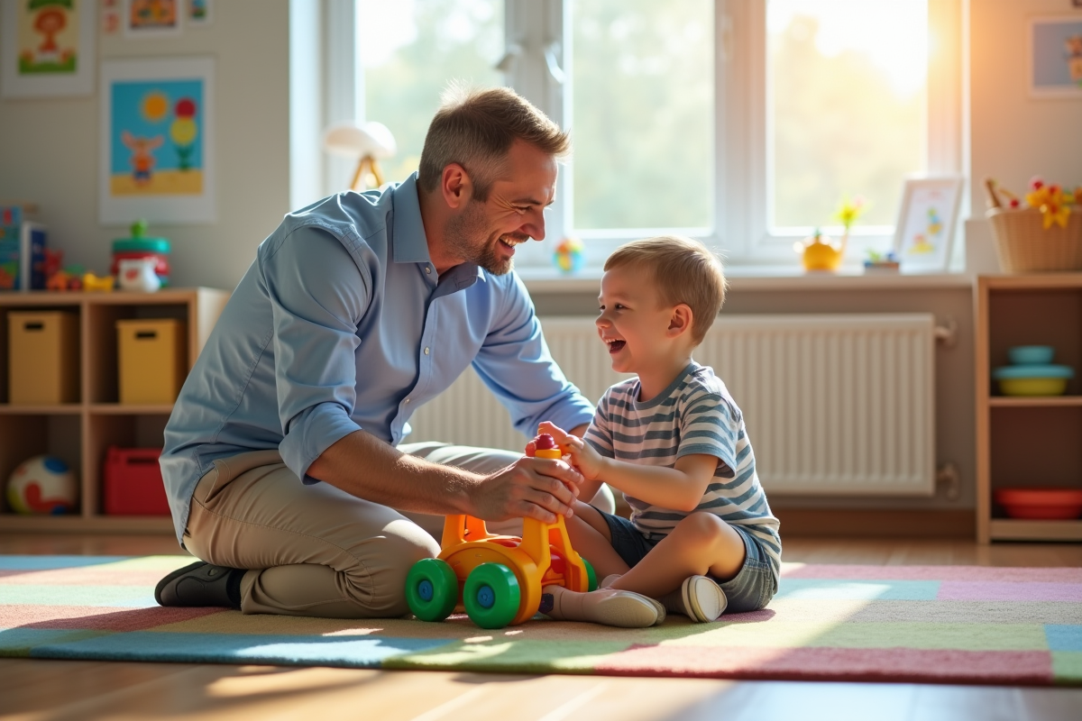 Therapeute encourage un jeune enfant avec paralysie cerebrale