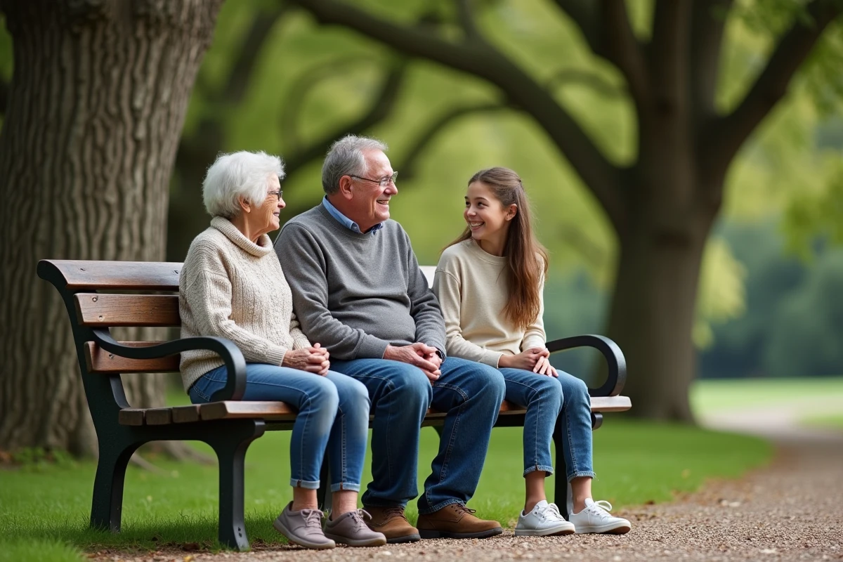 Trois générations en famille illustrant les différences de volume sanguin selon l'âge