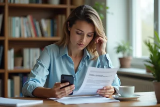 Femme consultant un document d'assurance santé Sévéane Groupama à son bureau à domicile
